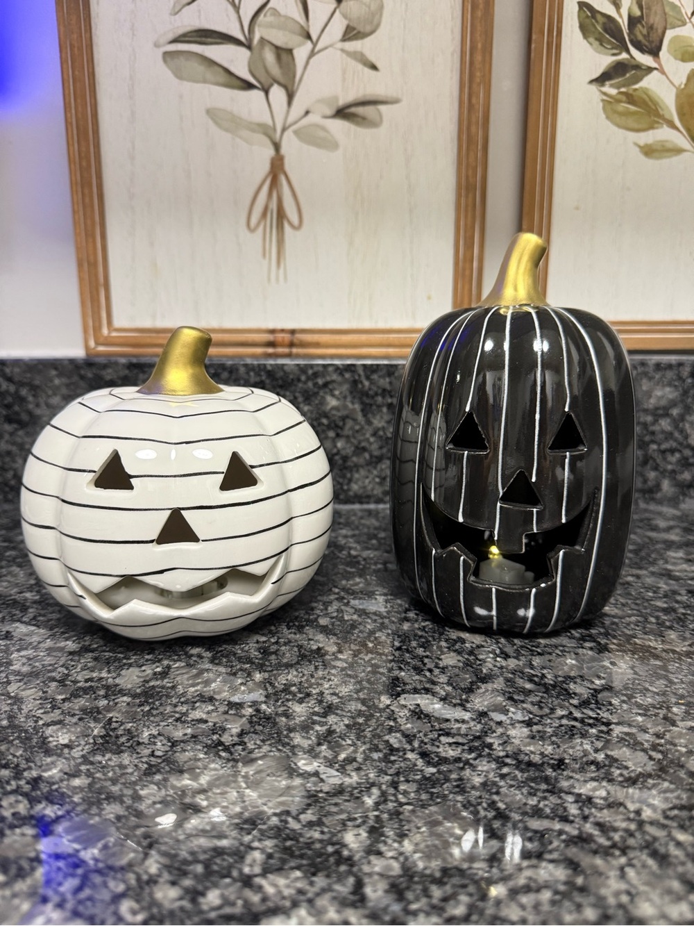 Decorative Ceramic Pumpkins - Set of 2 - Black & White Striped